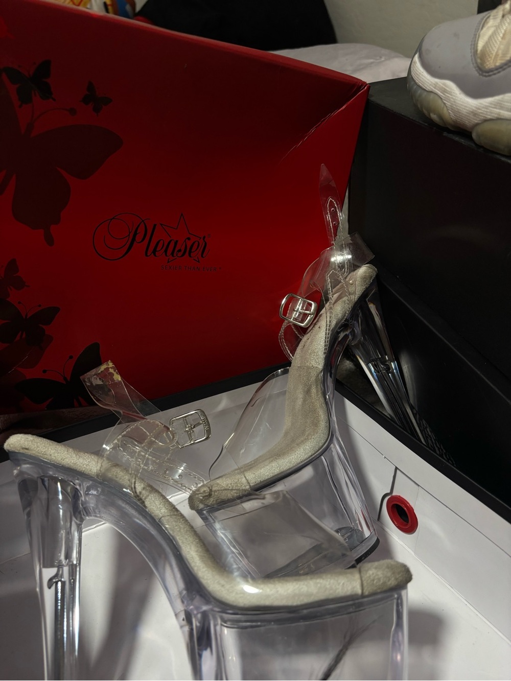 Pleaser Clear Platform Heels with Beige Insole
